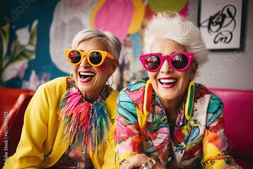 The senior Woman smiles with colorful costume shot in studio,Vibrant Senior: Colorful Costume Sparks Smiles in Studio Portrait © AKKA