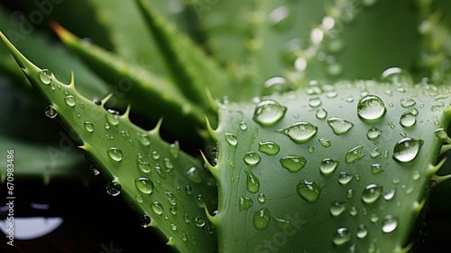 Close-up of fresh green aloe vera leaves with water drops. Dark background. Generative AI