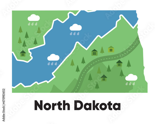 North Dakota map shape United states America green forest hand drawn cartoon style with trees travel terrain