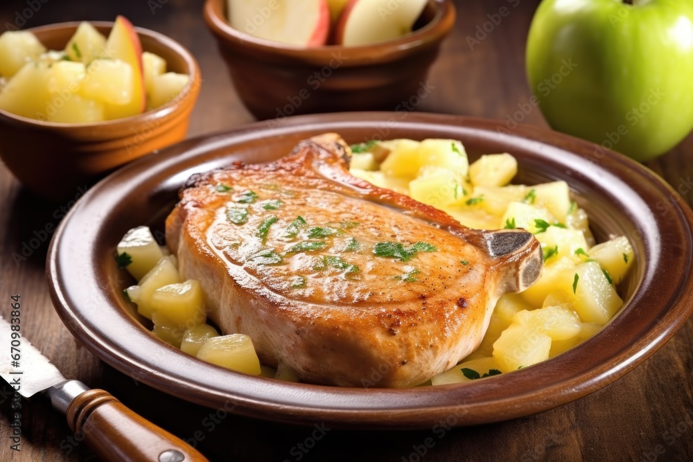 centered pork chop brushed with tangy apple sauce