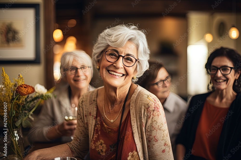 The senior Woman smiles and talks with a friend in the restaurant, Restaurant Reunion: Joyful Senior Smiles The senior Woman smiles and talks with a friend in the restaurant, Restaurant Reunion: Joyful Senior Smiles