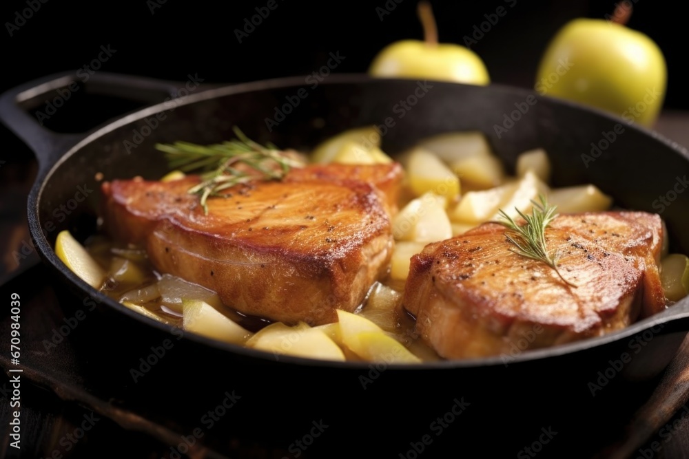 close-up of two pork chops glistening with apple sauce on a cast iron skillet