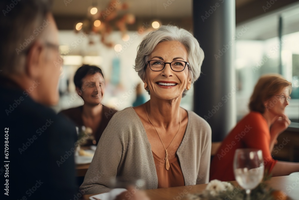 The senior Woman smiles and talks with a friend in the restaurant, Restaurant Reunion: Joyful Senior Smiles The senior Woman smiles and talks with a friend in the restaurant, Restaurant Reunion: Joyful Senior Smiles