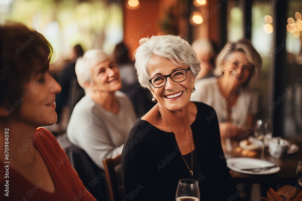 The senior Woman smiles and talks with a friend in the restaurant, Restaurant Reunion: Joyful Senior Smiles The senior Woman smiles and talks with a friend in the restaurant, Restaurant Reunion: Joyful Senior Smiles