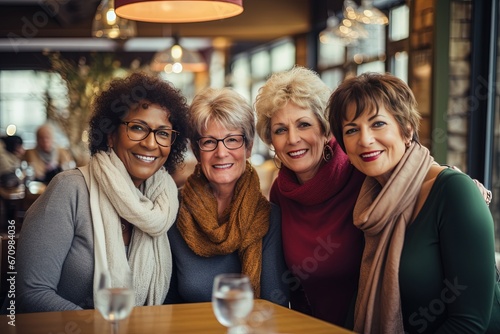 The senior Woman smiles and talks with a friend in the restaurant, Restaurant Reunion: Joyful Senior Smiles