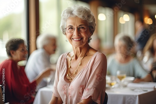 The senior Woman smiles and talks with a friend in the restaurant, Restaurant Reunion: Joyful Senior Smiles