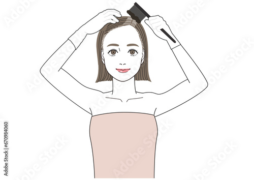 伸びてきた生え際白髪をセルフで染めている女性　笑顔