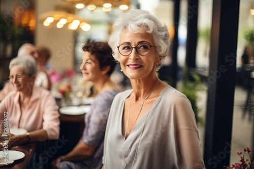 The senior Woman smiles and talks with a friend in the restaurant  Restaurant Reunion  Joyful Senior Smiles