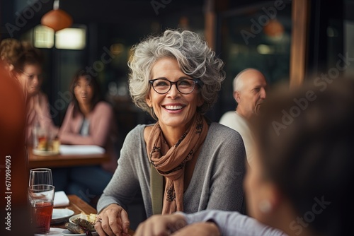 The senior Woman smiles and talks with a friend in the restaurant, Restaurant Reunion: Joyful Senior Smiles photo