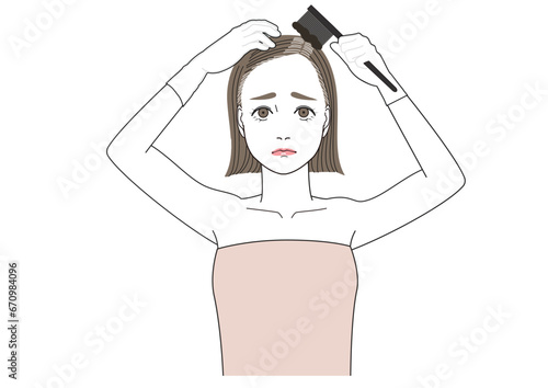 伸びてきた白髪をセルフカラーでリタッチしている女性　困った表情