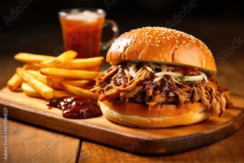 pulled pork sandwich on a wooden board