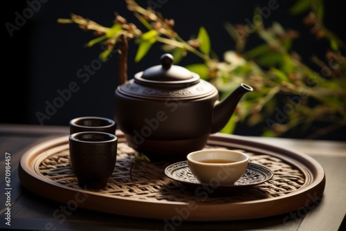 Asian style tea set with cup of tea and teapot on a wooden table for puerh tea celebration