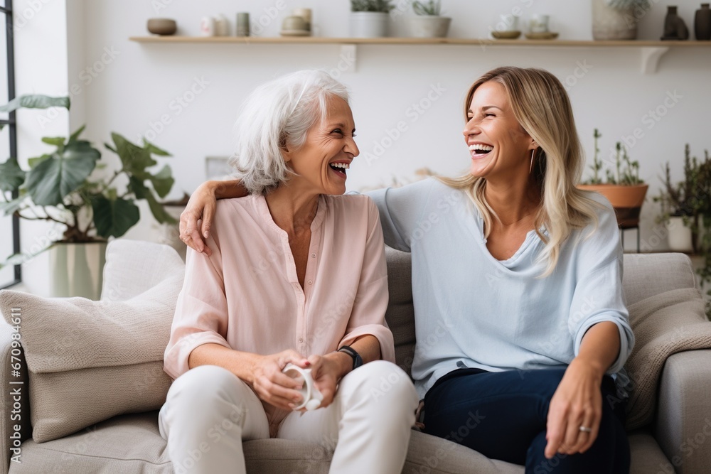 The senior Woman smiles and talks with a friend on sofa in the living room,Comfortable Talks: Elderly Friendship The senior Woman smiles and talks with a friend on sofa in the living room,Comfortable Talks: Elderly Friendship