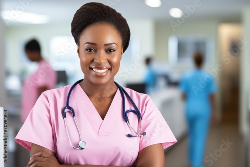 African American female doctor smiling confidently while standing with crossed arms in pink suit