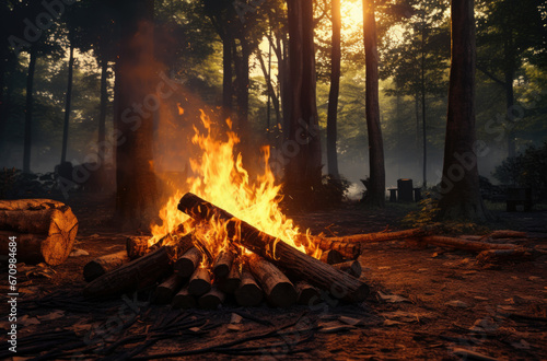 Bonfire in the tourist camp, water is heated in a metal mug. Beautiful summer evening, live fire warms tourists and helps to cook food.