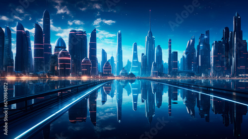 Cyber city background. Concept for night life  business district center.