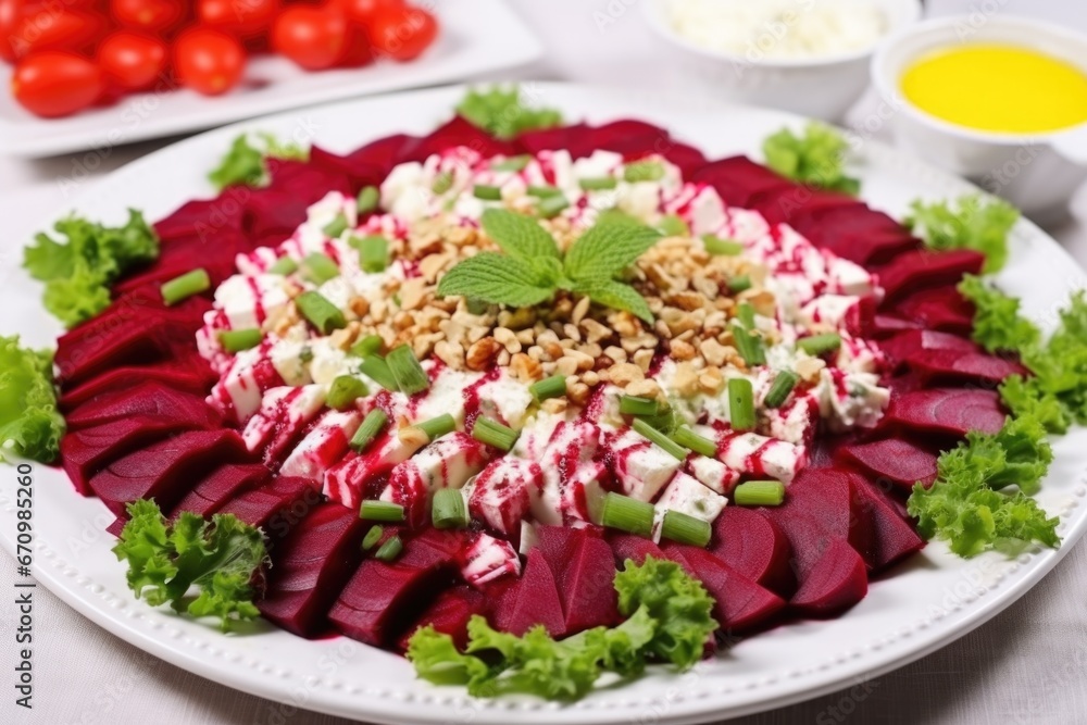 assembling beet and cheese salad on a white plate