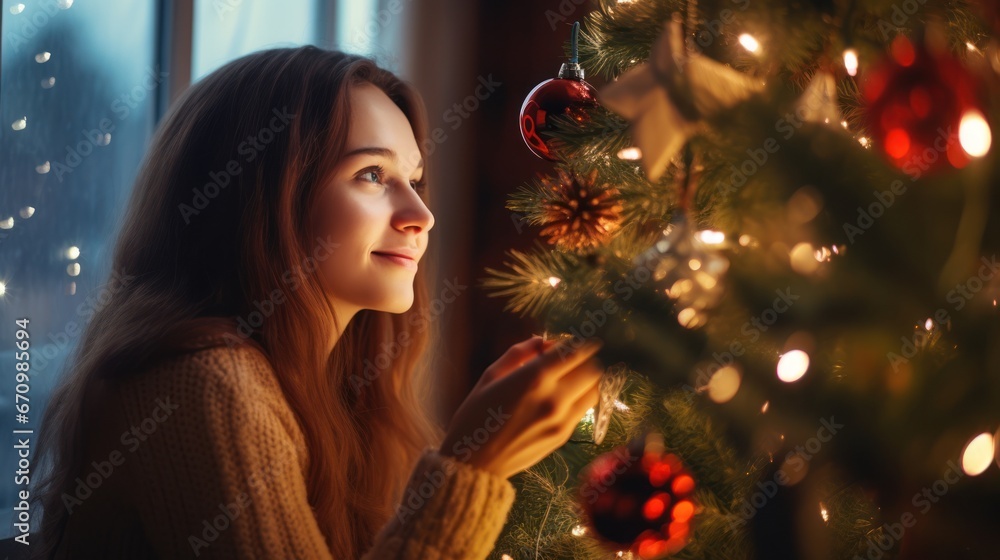 Beautiful woman celebrating Christmas at home. Girl in a seasonal winter interior. The concept of holidays. Beautiful woman celebrating Christmas at home. Girl in a seasonal winter interior. The concept of holidays.