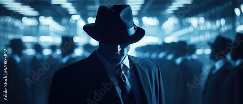 Secret service security bodyguard agent man in silhouette on dark background. photo