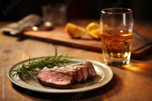 close-up of a glass of saison by a plate of thyme-infused roasted lamb