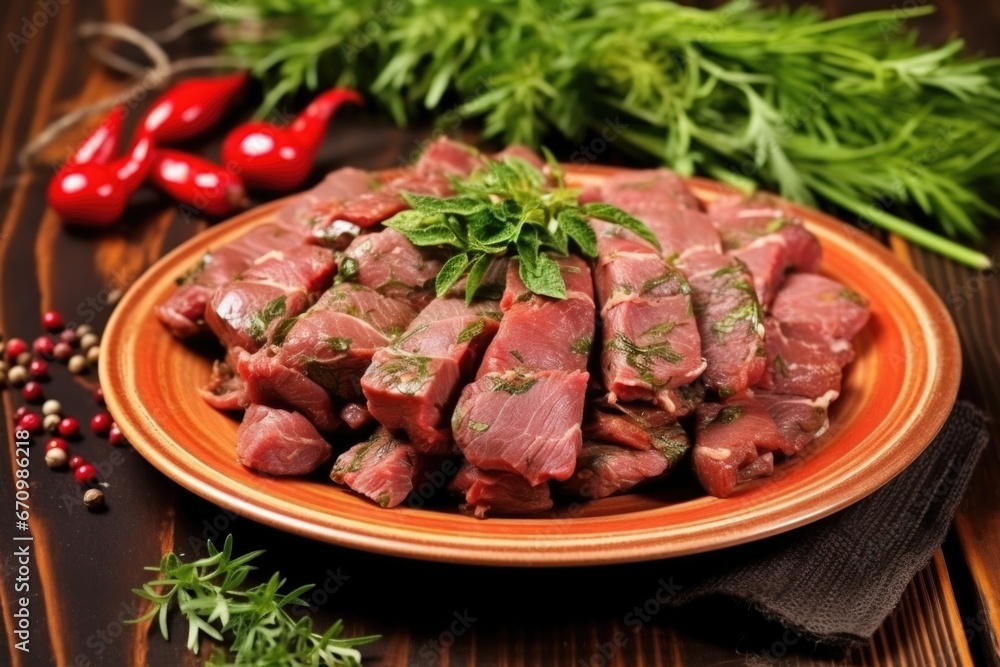 meat skewers marinated in herbs on a clay plate