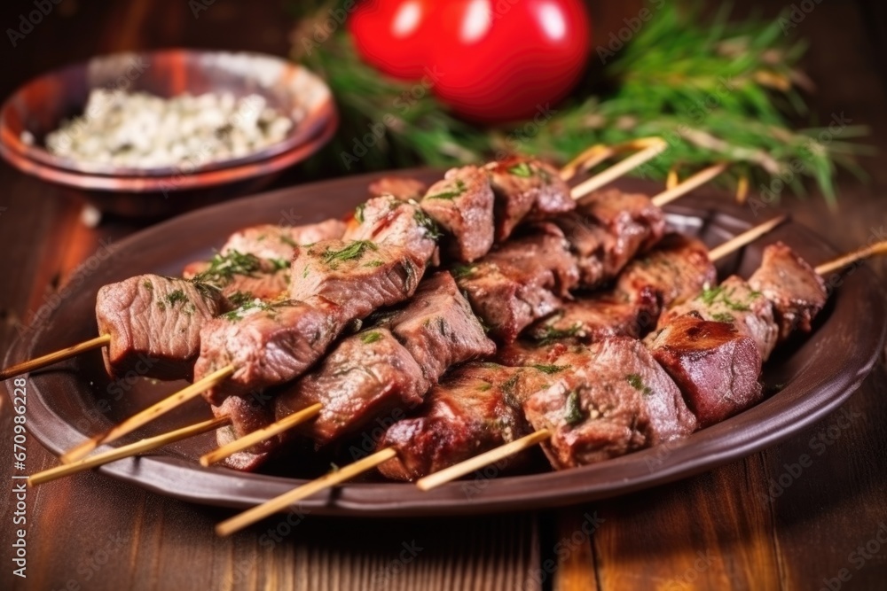 meat skewers marinated in herbs on a clay plate