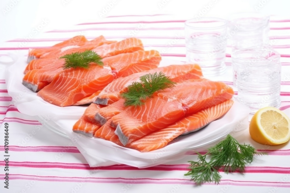 stack of salmon steaks on a white tablecloth