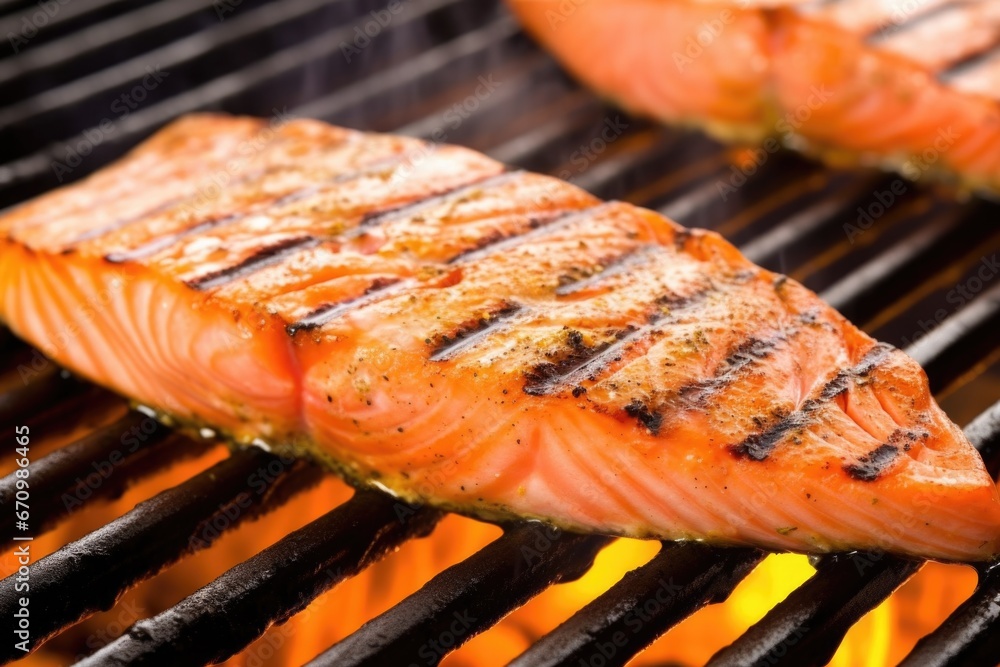 close-up of grill marks on salmon steak