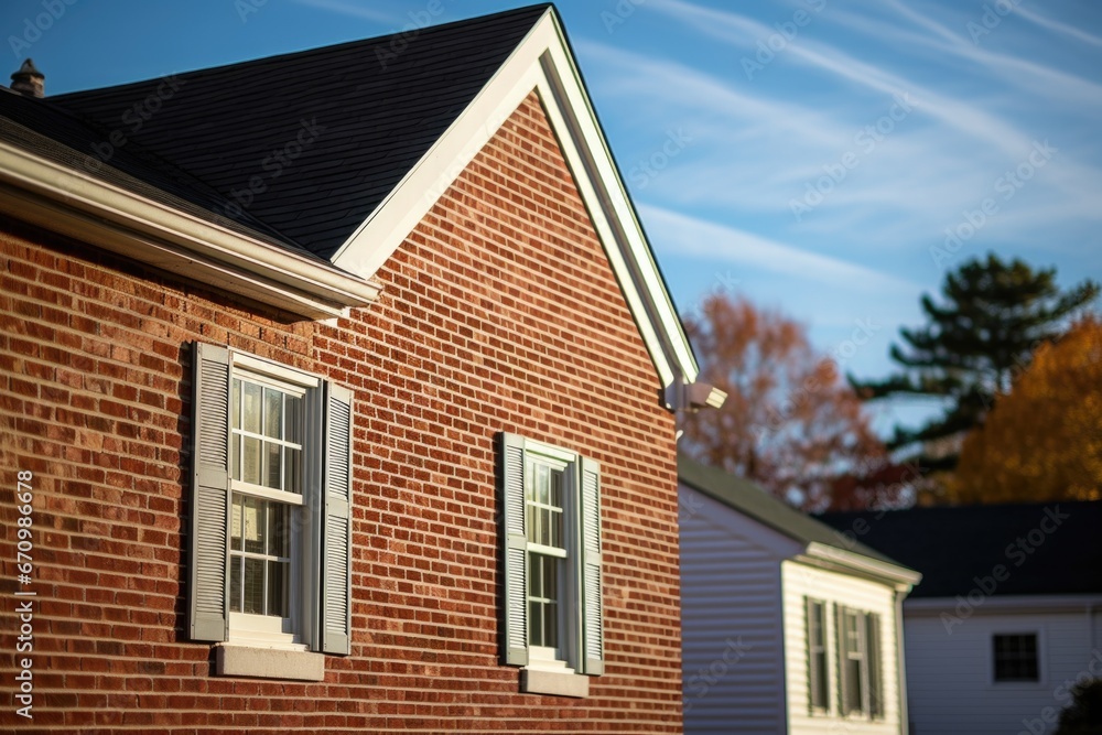 close-up shot of a brick facade with a saltbox house silhouette in the background
