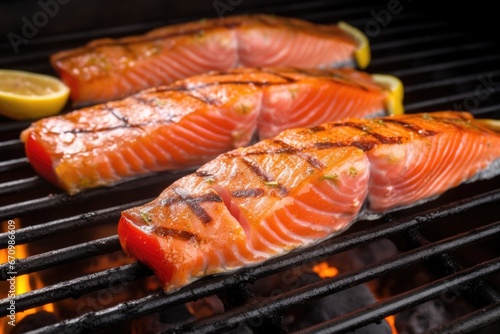 a whole grilled salmon cut into steaks showing grill marks