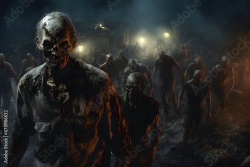large group of zombie at small town street at dark night. Neural network generated image. Not based on any actual person, scene or pattern.