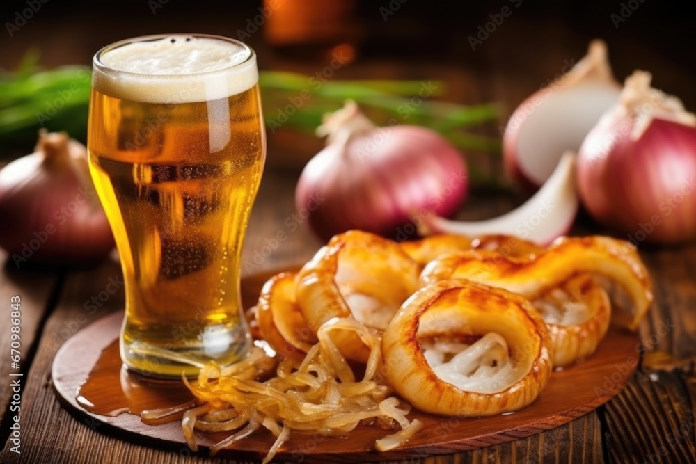 close-up of beer poured over sausages nestled with sliced onions close-up of beer poured over sausages nestled with sliced onions
