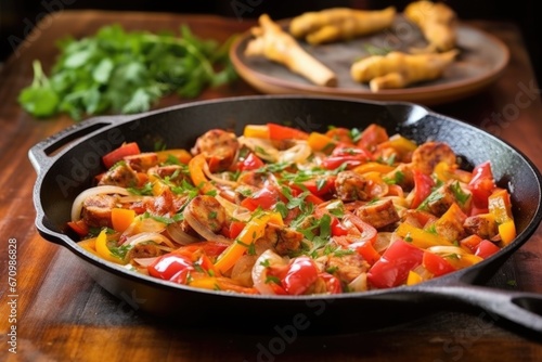 sauteing sausage slices with onions and peppers in skillet