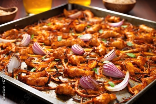 close-up of spicy sausages absorbing a mix of amber beer and browned onions on a baking tray