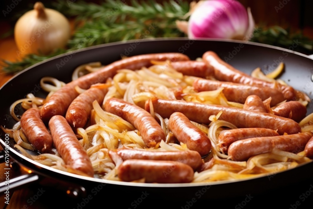 sausages frying with onions in a household pan