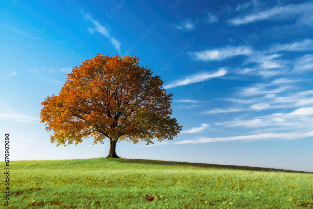 Orange and gold, autumn colour oak tree, surrounded by autumnal grass and blue skies. Orange and gold, autumn colour oak tree, surrounded by autumnal grass and blue skies.