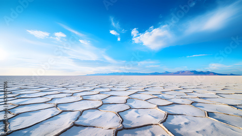 An otherworldly scene of salt flats and salt pans stretches to the horizon, reflecting the sky like a mirror. This captivating image captures the stark beauty of desolation.