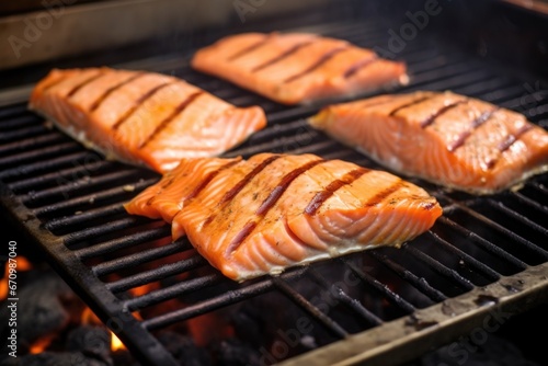 salmon fillet on a grill with grill marks visible