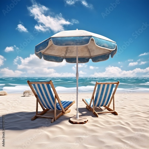 2 wooden sun loungers on the beach overlooking the ocean  tropical beach concept  resort  relaxation