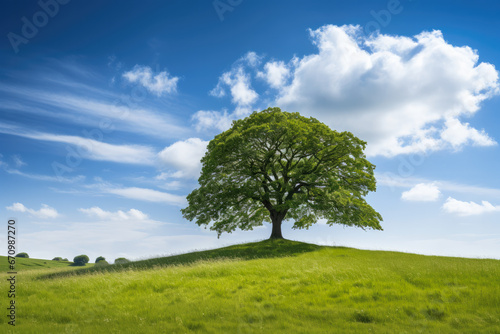 Symbolic oak tree with summer foliage grass on crown of Hill, Meadow in the foreground blue sky white clouds in the background