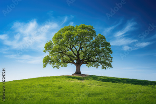 Symbolic oak tree with summer foliage grass on crown of Hill, Meadow in the foreground blue sky white clouds in the background