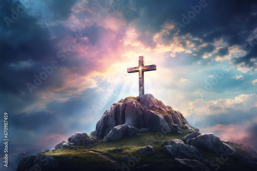 Leinwand Poster holy cross symbolizing the death and resurrection of Jesus Christ with The sky over Golgotha Hill