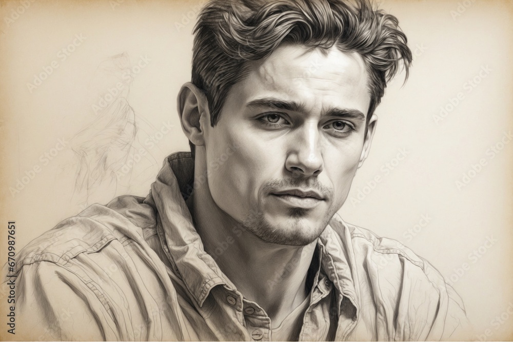 Fototapeta premium male portrait drawn with very hard pencil on tracing paper. ai generative