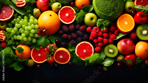 Fresh fruits and vegetables on black background. Detox diet concept. 