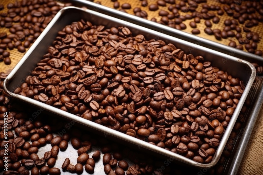 Fototapeta premium flat lay of coffee beans spread on roasting pan