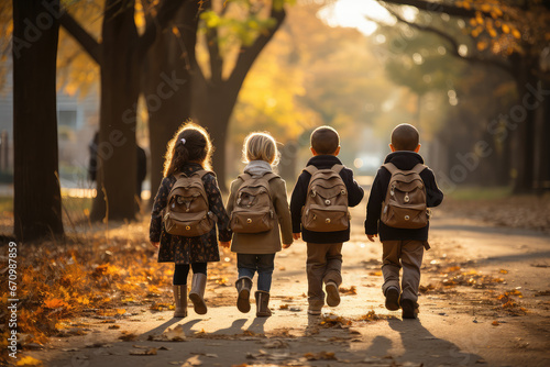 Group of kids walking together in a heartwarming display of friendship. Join these happy children as they enjoy outdoor adventures and create beautiful memories. © Mongkol