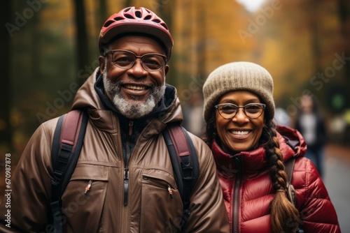 Elderly couple rides bicycles in a summer park  a man and a woman wearing a helmet  a healthy lifestyle concept.