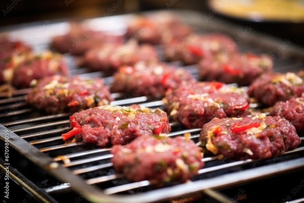 minced meat kebabs on metal skewers placed on a cooking pan
