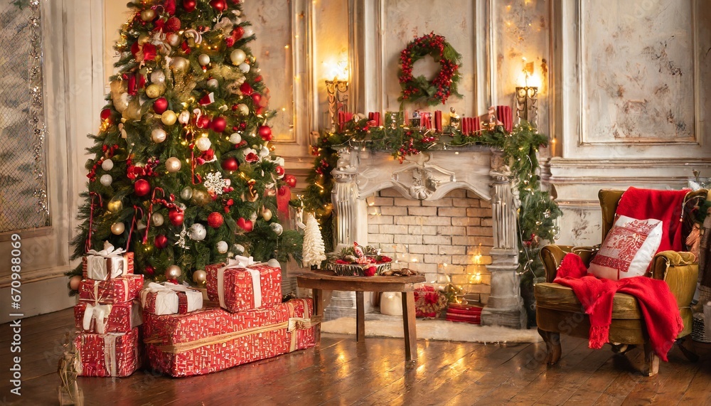 Christmas tree with gifts and fireplace Christmas tree with gifts and fireplace