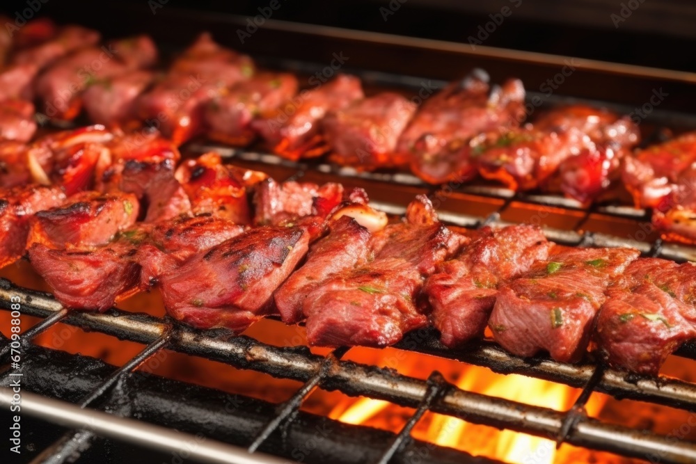 close-up view of lamb kebabs on metal skewers